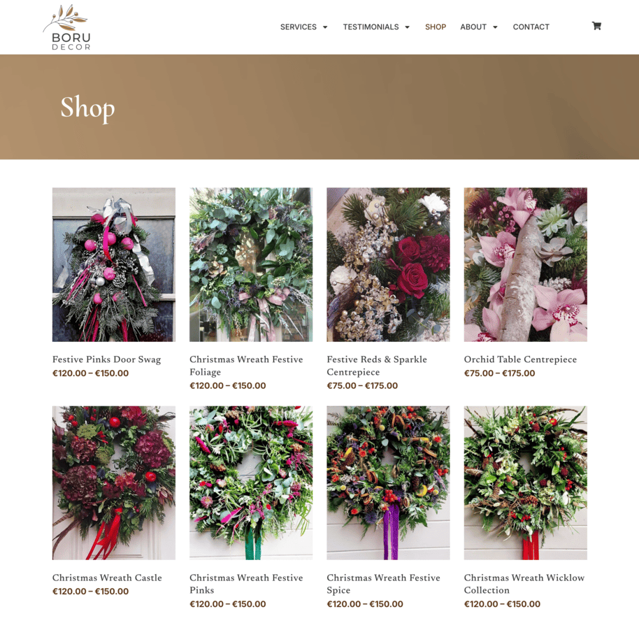 Six product images of Christmas decorations, featuring wreaths and centerpieces with varying floral designs and colors