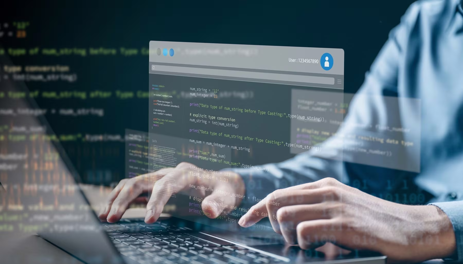 Programmer typing code on a laptop with code panels on screen